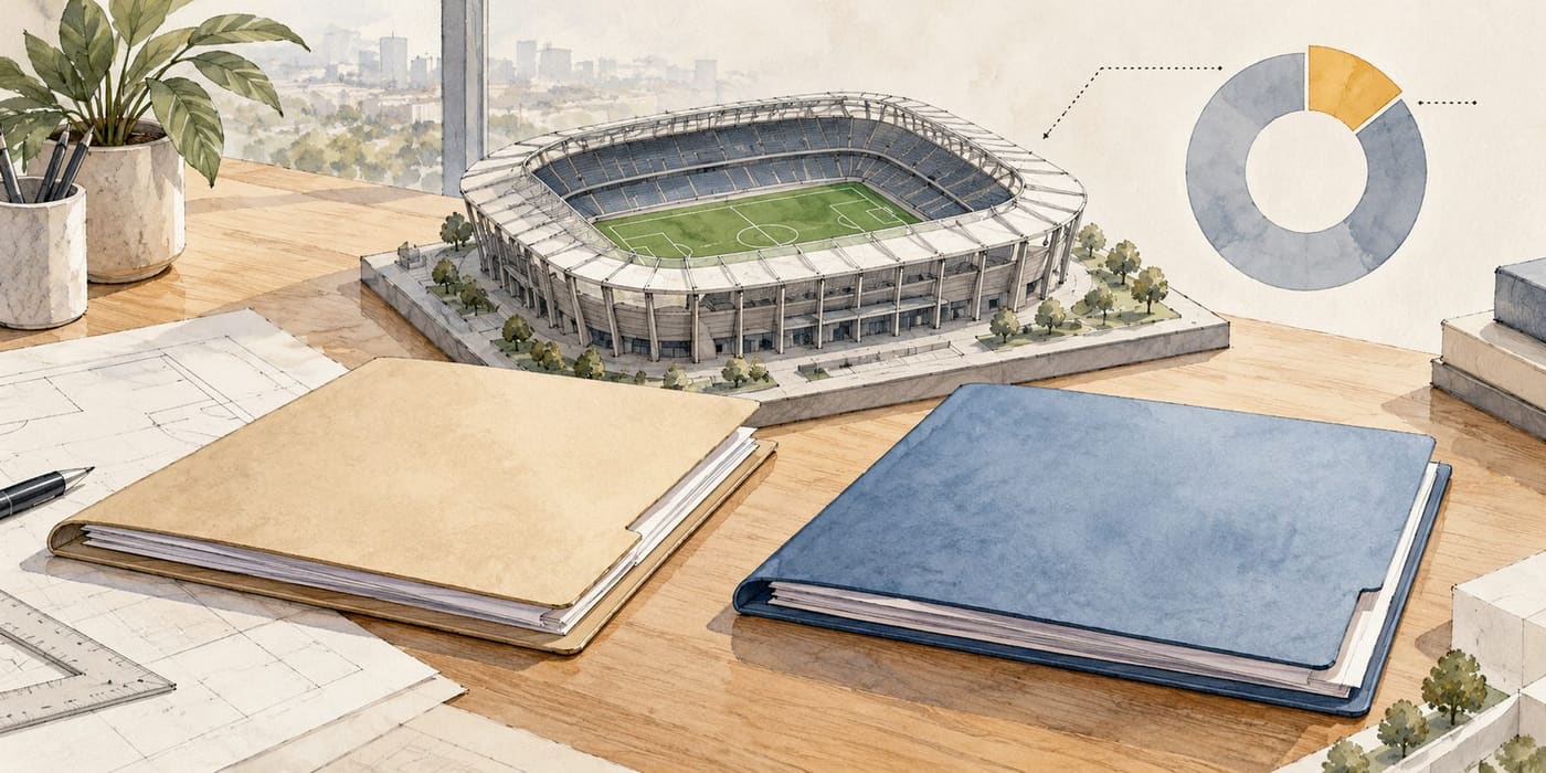 Original conceptual illustration of a generic football-stadium model, blank investment folders and a chart with one highlighted segment; it does not depict Valencia CF or document the transaction.