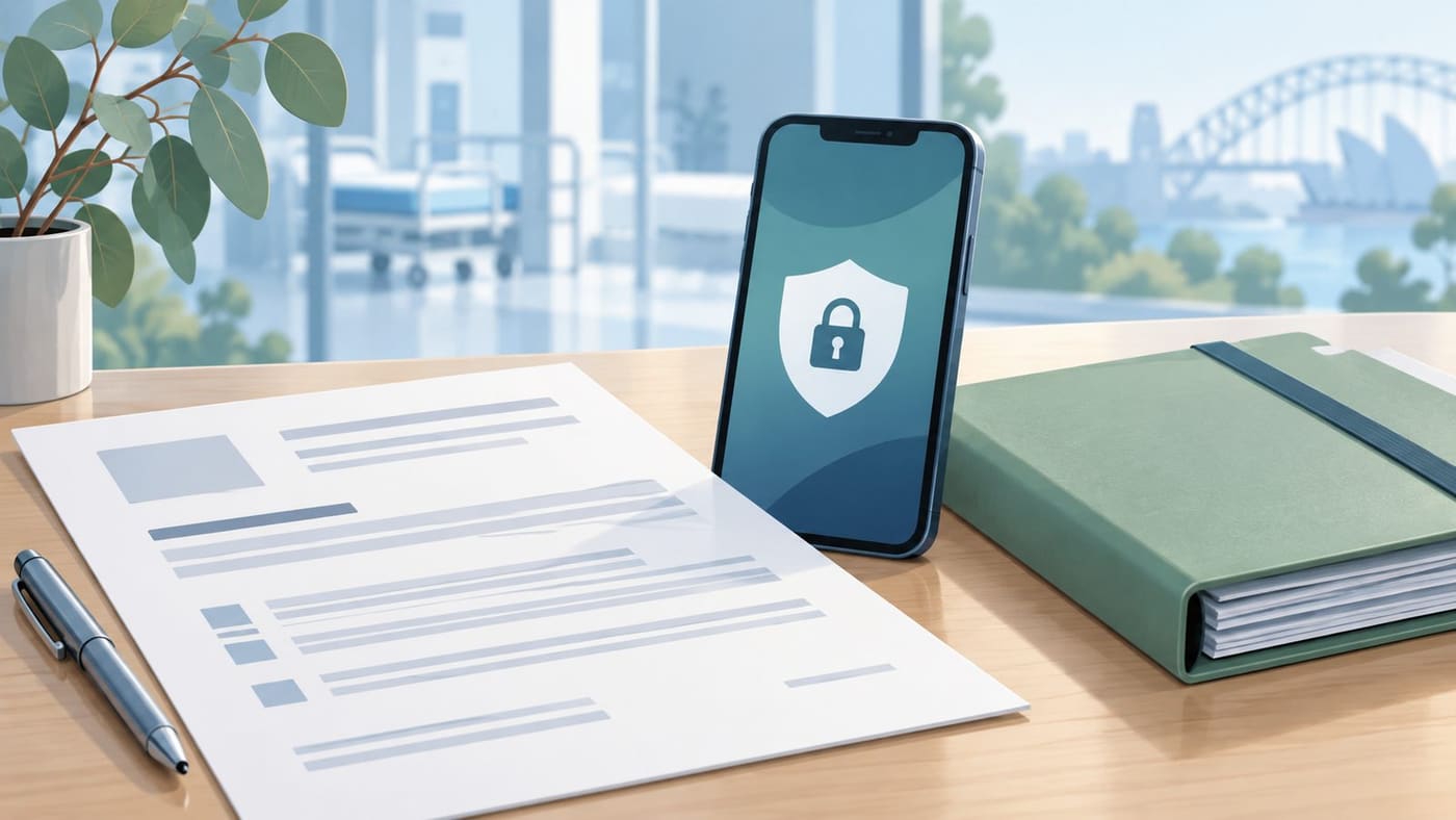 Original conceptual illustration of a blank medical document, closed folder and smartphone with a shield icon; no patient information, person or actual hospital is depicted.