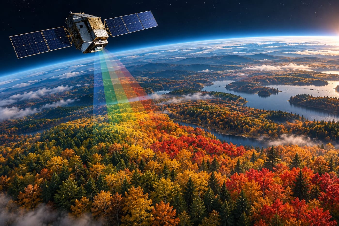 Original conceptual illustration of an Earth-observing satellite over autumn forests; coloured bands symbolise spectral measurements, not emitted beams or real PACE data.