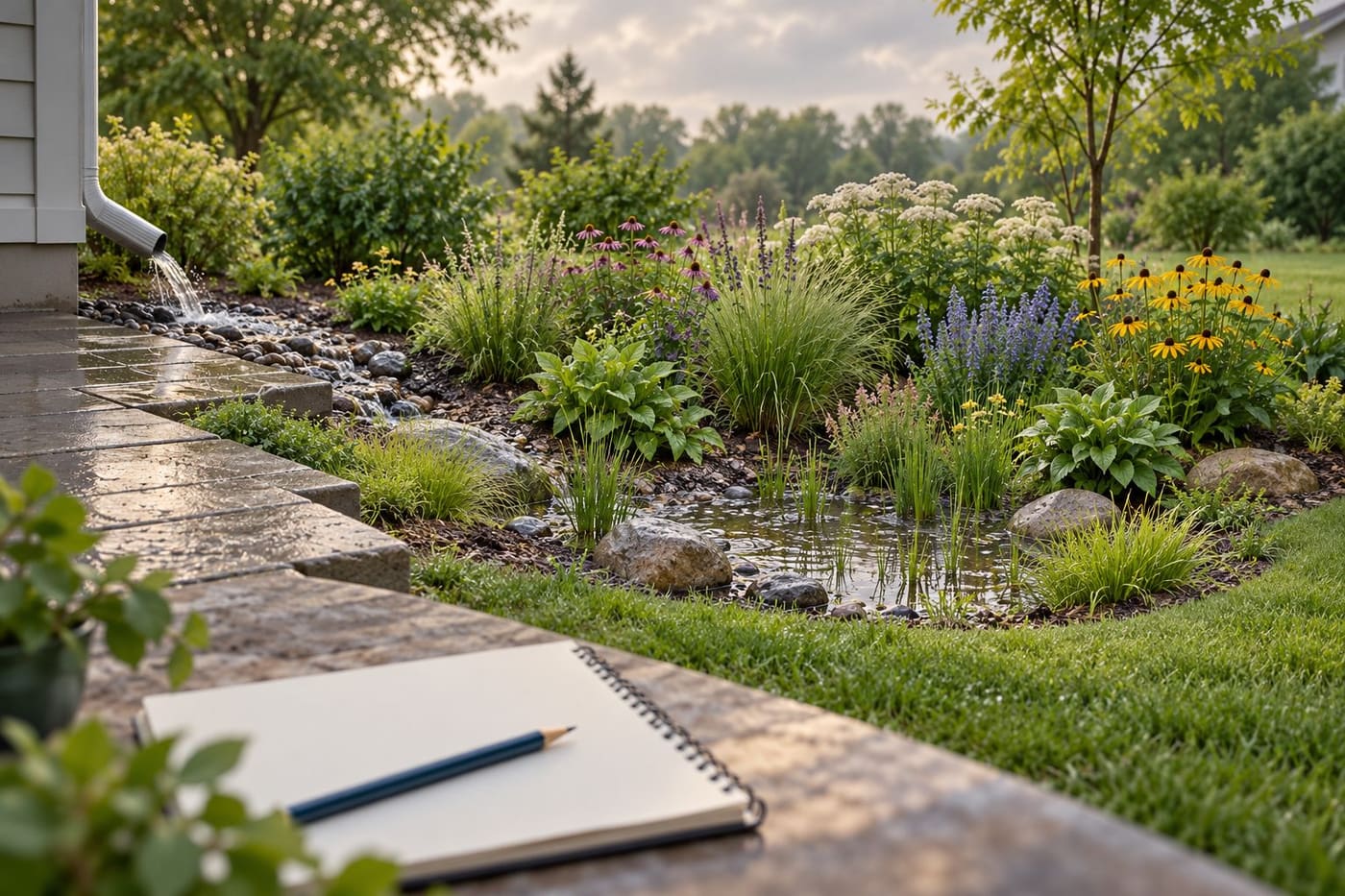 Original conceptual illustration of a planted rain-garden depression and a blank planning notebook; not to scale or a site design.