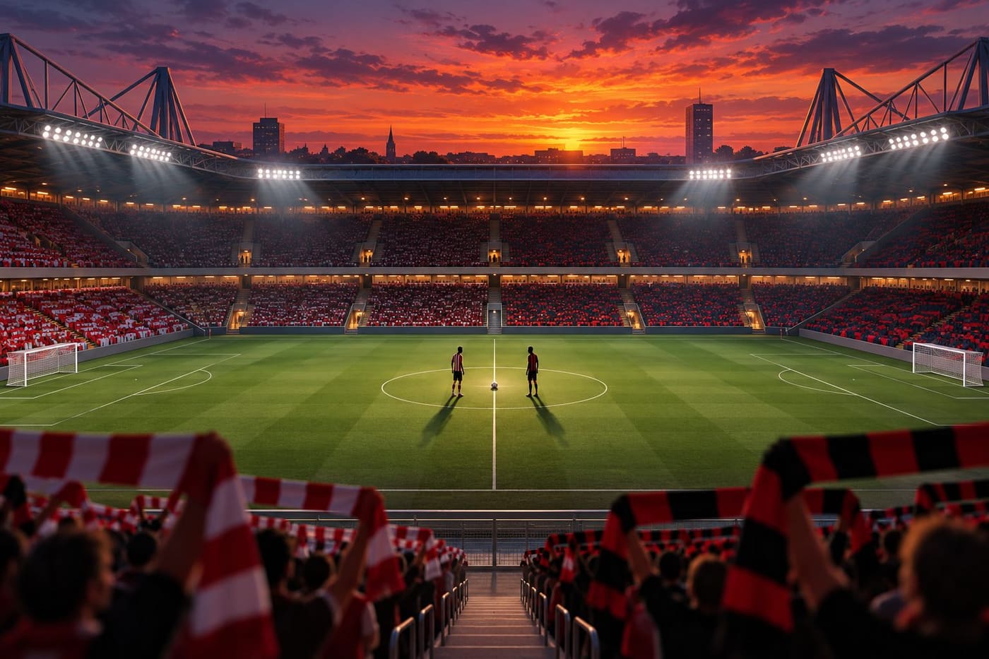 Original conceptual football-stadium illustration with two generic teams at midfield; it is not a photograph of Philips Stadion or the actual PSV-Feyenoord match.