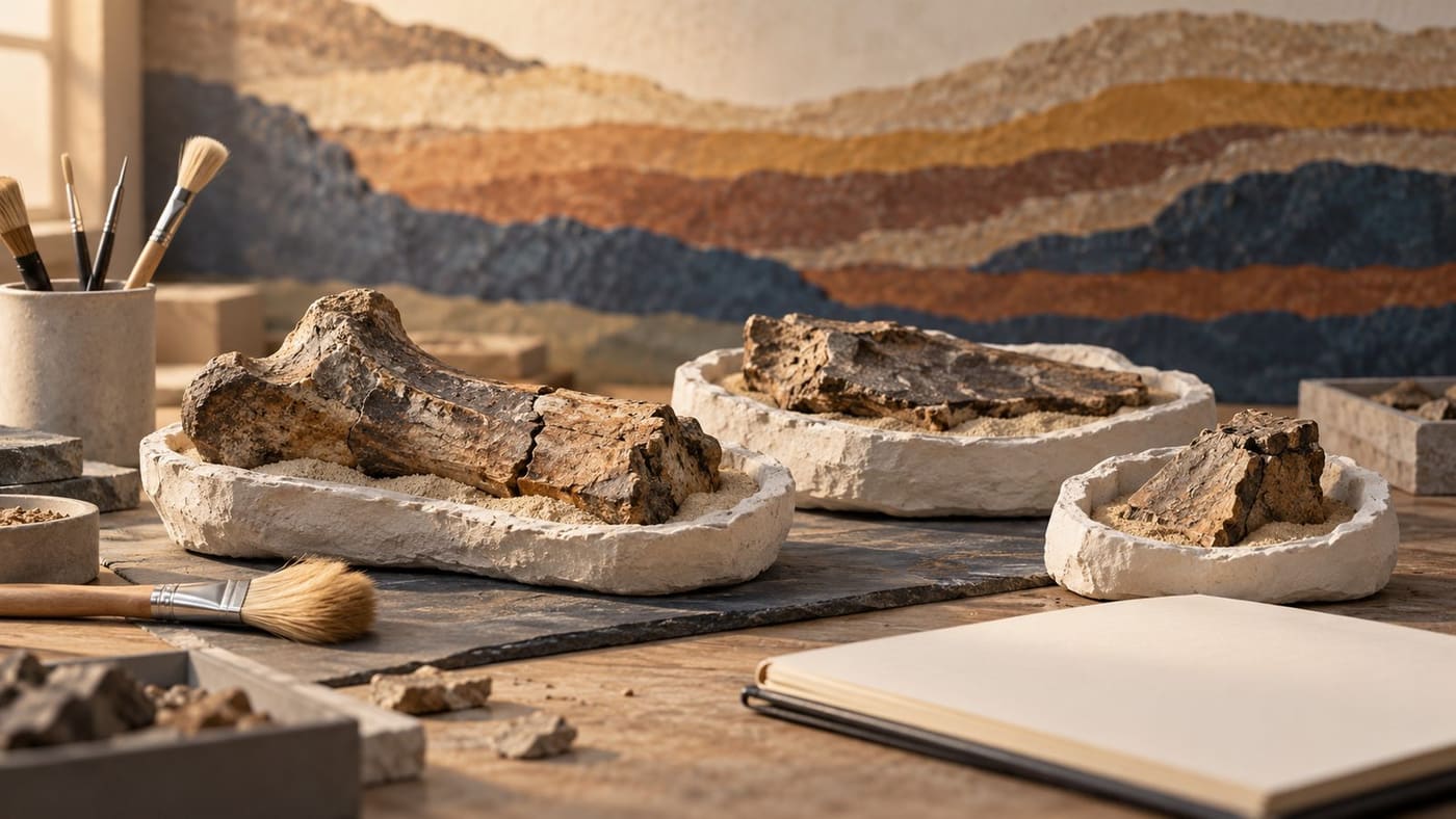 Original conceptual illustration of imagined fossil-like fragments in support trays beside brushes and a blank notebook; not a real Frick specimen or museum photograph.