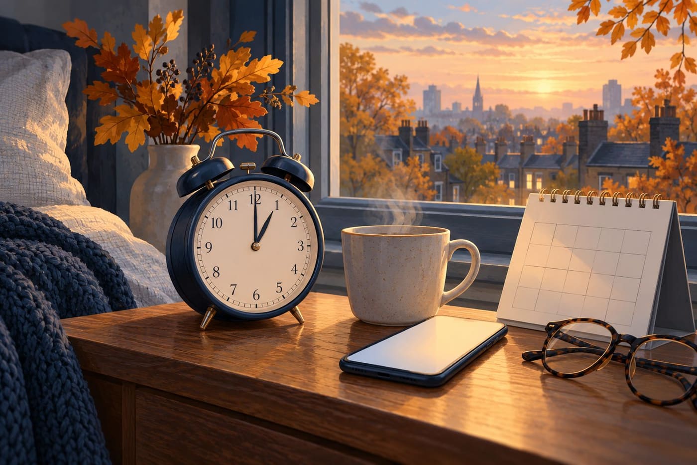 Original generated illustration of an alarm clock, phone and blank calendar beside an autumn dawn window; a conceptual scene, not a real home.