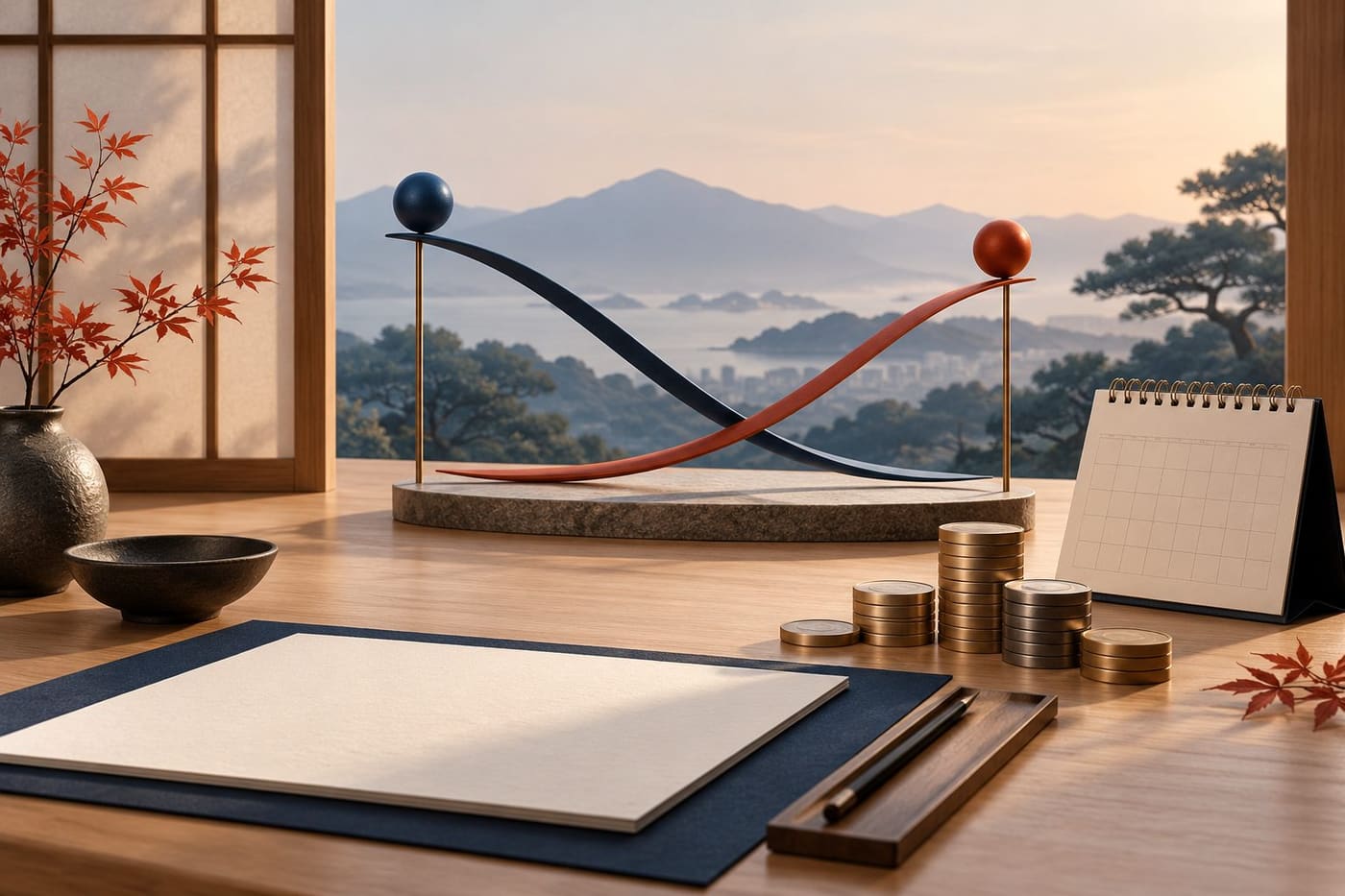 Original conceptual illustration of opposing curves, generic metal discs, a blank document and calendar on a Japanese-inspired desk; not a bond certificate or market chart.