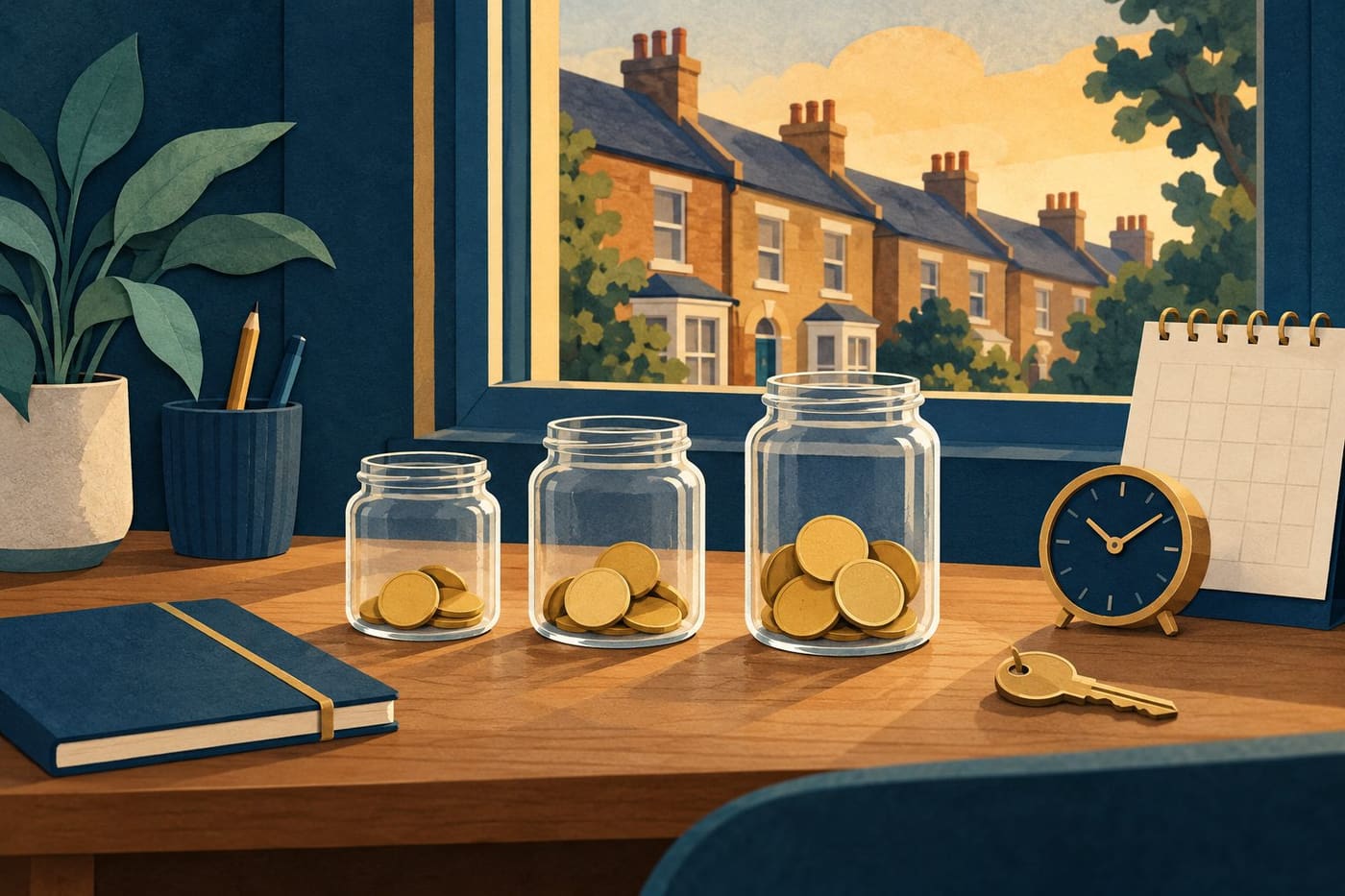 Original symbolic illustration of savings jars, a clock, notebook and house key on a fictional home desk; not a bank or advertised product.