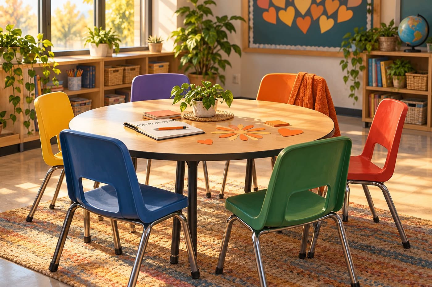 Original conceptual illustration of an empty classroom with colourful chairs, orange paper shapes and a notebook; not a photograph of a real Unity Day event.