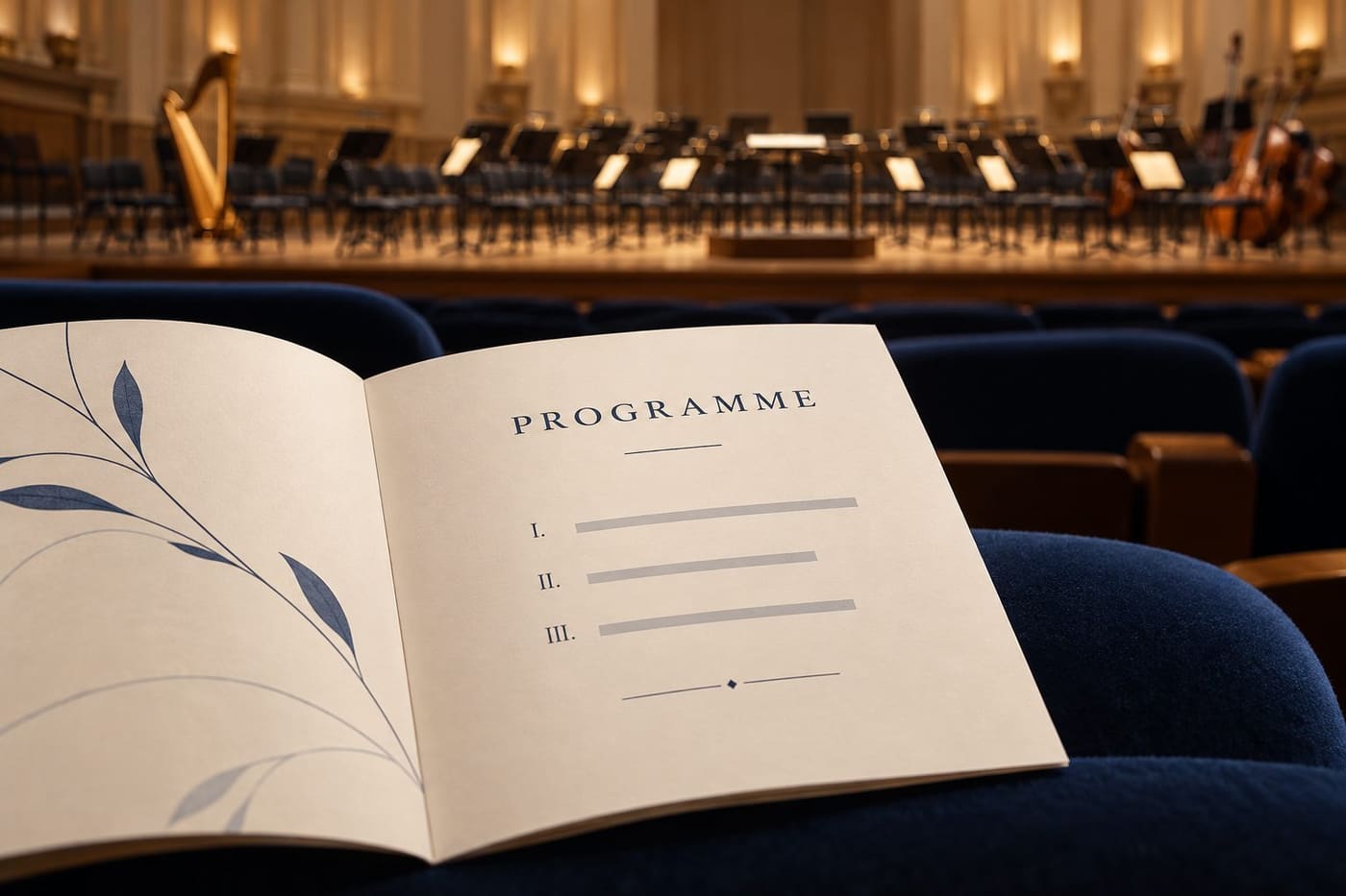 Original conceptual illustration of a generic PROGRAMME booklet with three movement markers in an anonymous empty concert hall; no real concert or copied score is shown.