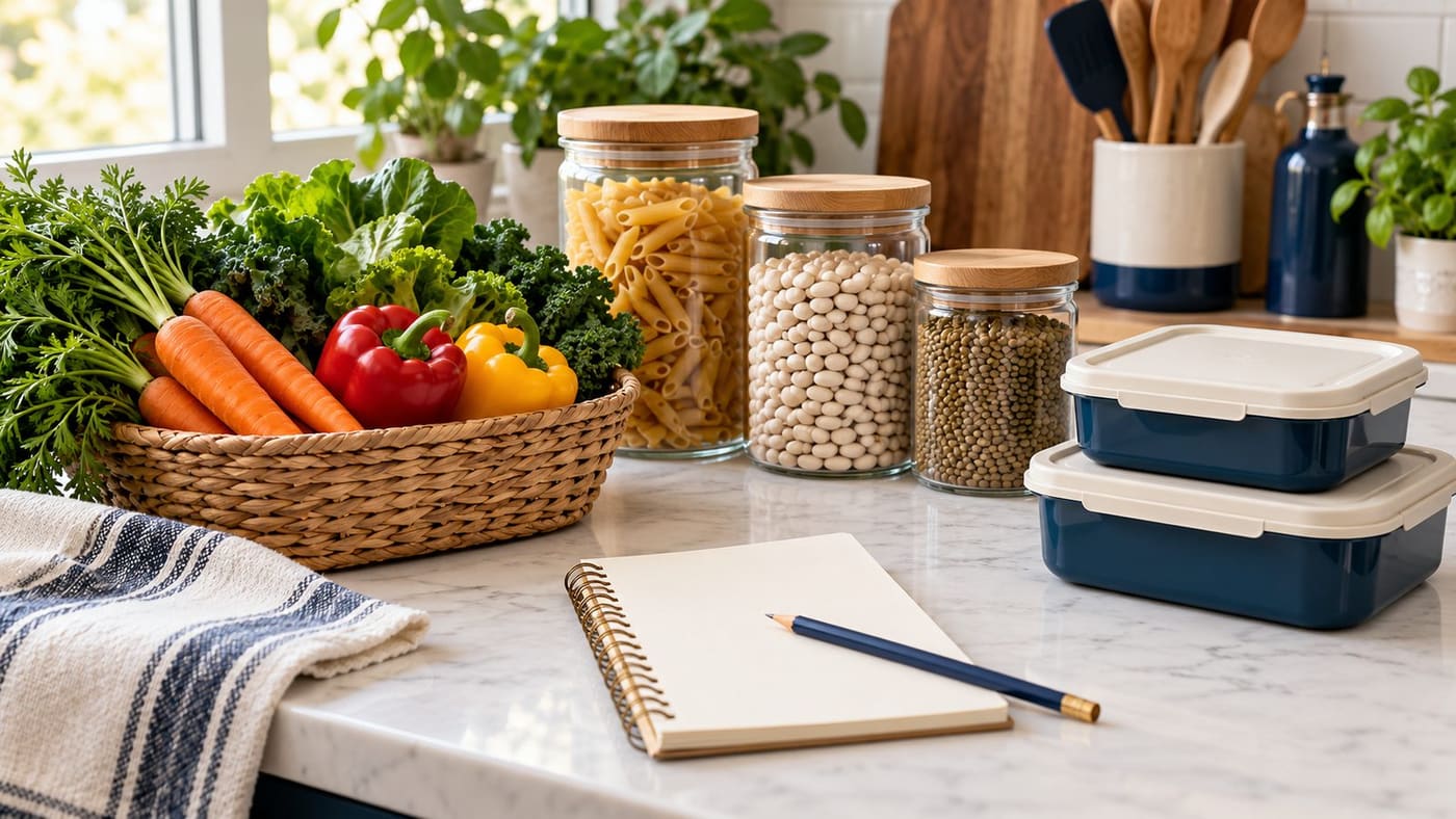 Original conceptual illustration of fresh vegetables, sealed dry-food jars, closed containers and a blank meal-planning notebook.