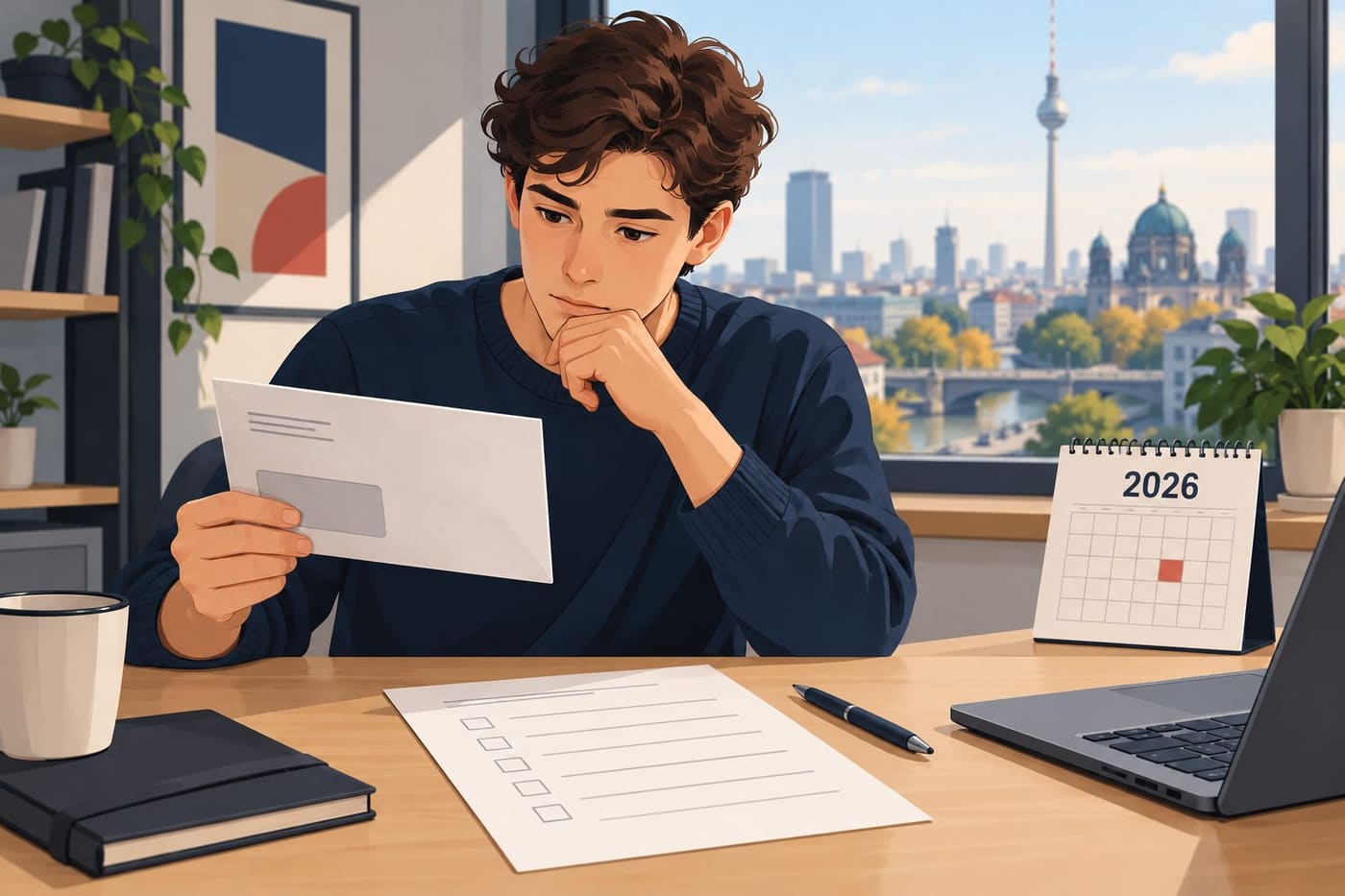 Original conceptual illustration of a young adult reviewing a plain envelope and blank checklist beside a 2026 calendar in a fictional Berlin home; not a real Bundeswehr notice or selected individual.