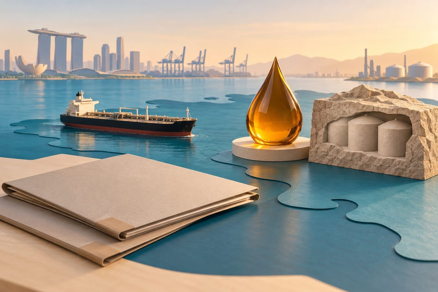 Original conceptual illustration with a model oil tanker, document folders, amber droplet and abstract rock storage model against a Singapore-inspired harbour; not a real facility diagram or completed shipment.