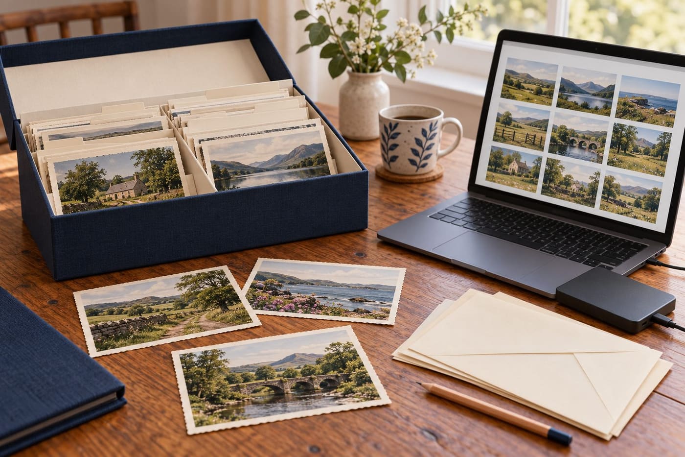 Original conceptual illustration of an archival box, invented landscape prints, laptop and external storage drive; not a real family collection.