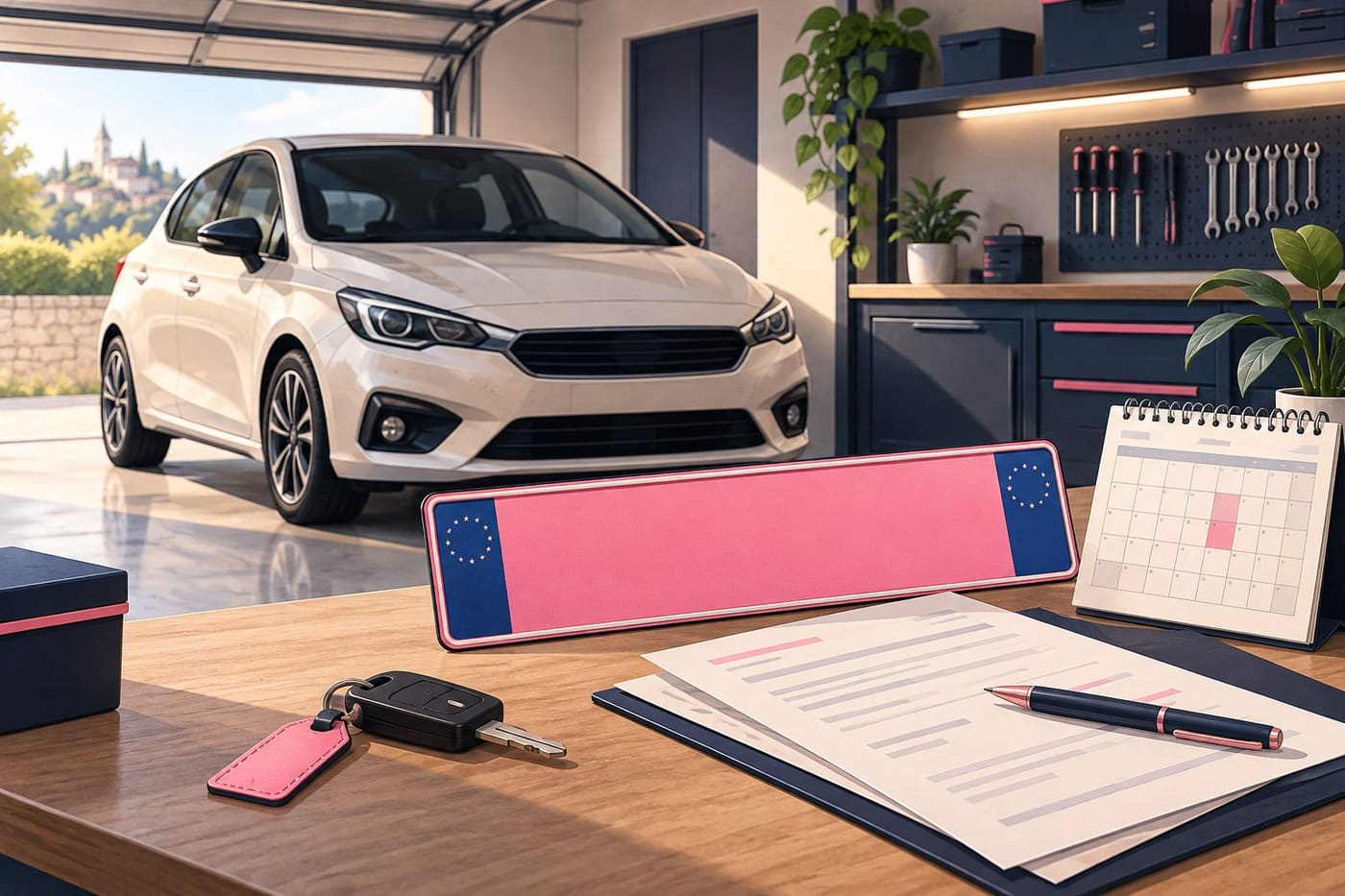 Original generated conceptual illustration of a blank pink registration plate, car, documents and calendar in a garage; not an approved plate template or actual vehicle record.
