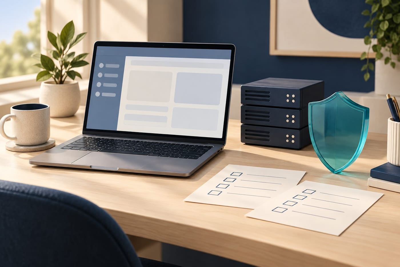 Original conceptual illustration of a generic laptop, server model, blank checklists and teal shield; not a real control panel, attack screenshot or security certification.