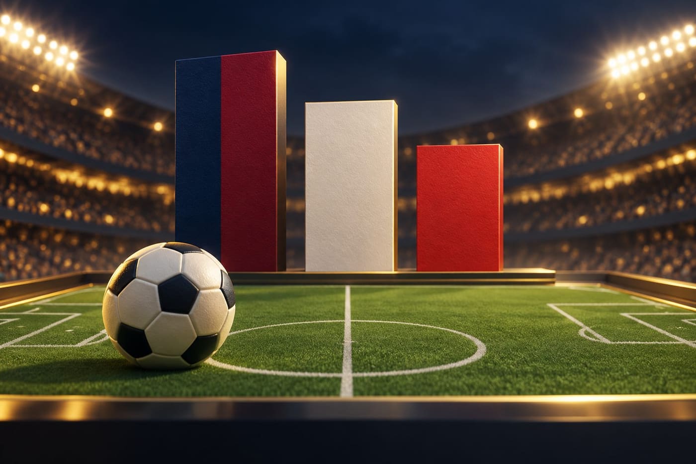 Original conceptual football illustration with abstract coloured columns and a ball on a miniature pitch; not a match photograph or a scaled league table.