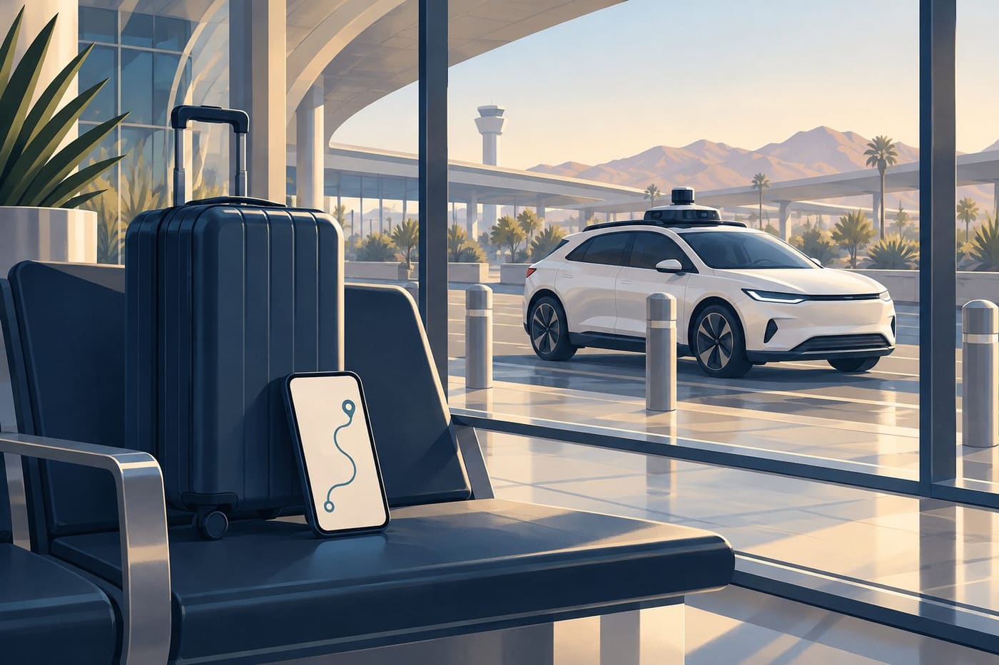 Original conceptual illustration of a suitcase and route-planning phone in a fictional airport, with an unbranded autonomous car outside; not an actual Waymo vehicle or LAS layout.