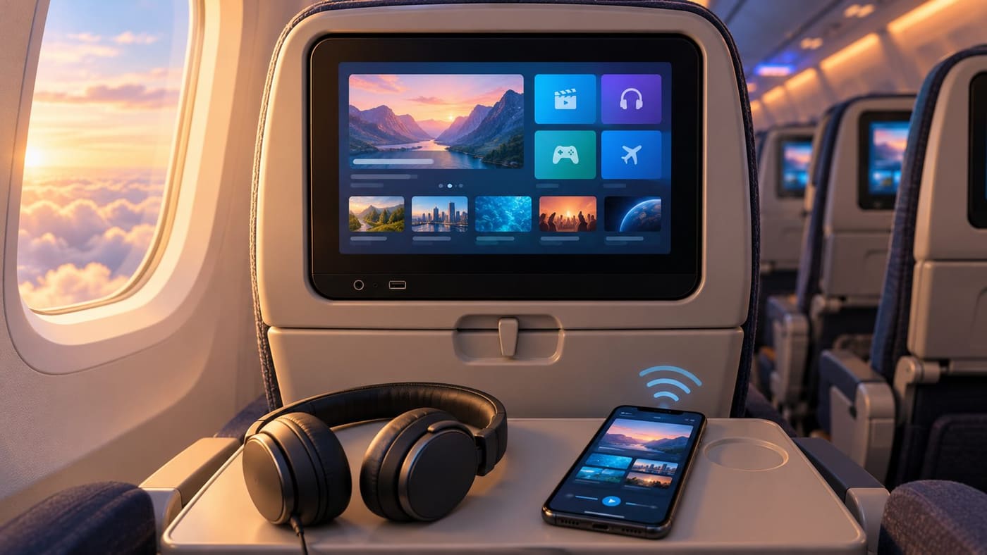 Original conceptual illustration of an unbranded aircraft seatback entertainment screen, headphones and phone in a cabin; it is not an actual Singapore Airlines cabin or product photograph.