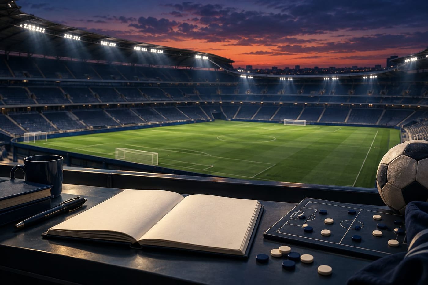 Original conceptual illustration of a football analysis notebook and tactical counters overlooking an imagined stadium; not a photograph of the match.