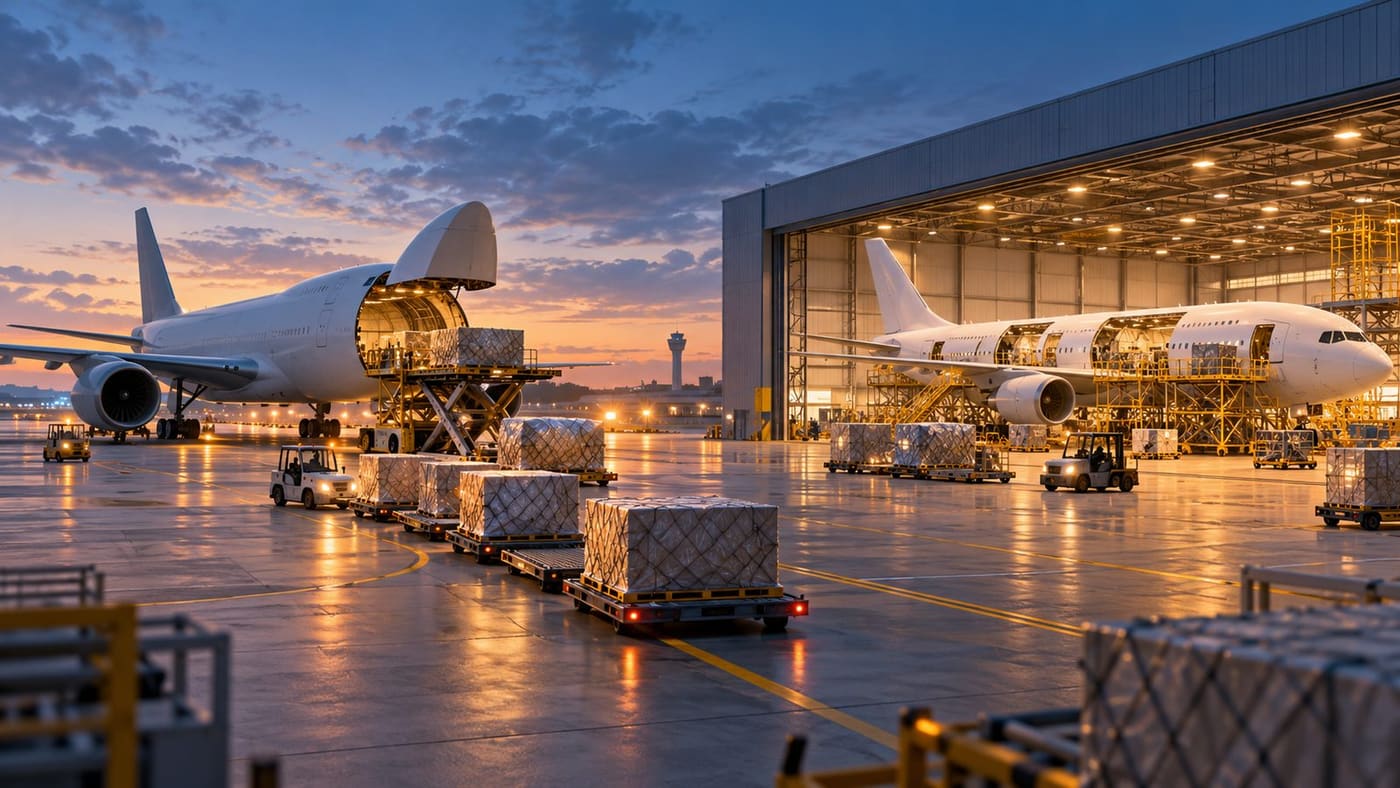 Conceptual airport cargo apron showing an unbranded freighter and passenger aircraft in an imagined conversion hangar; not an actual facility or aircraft model.