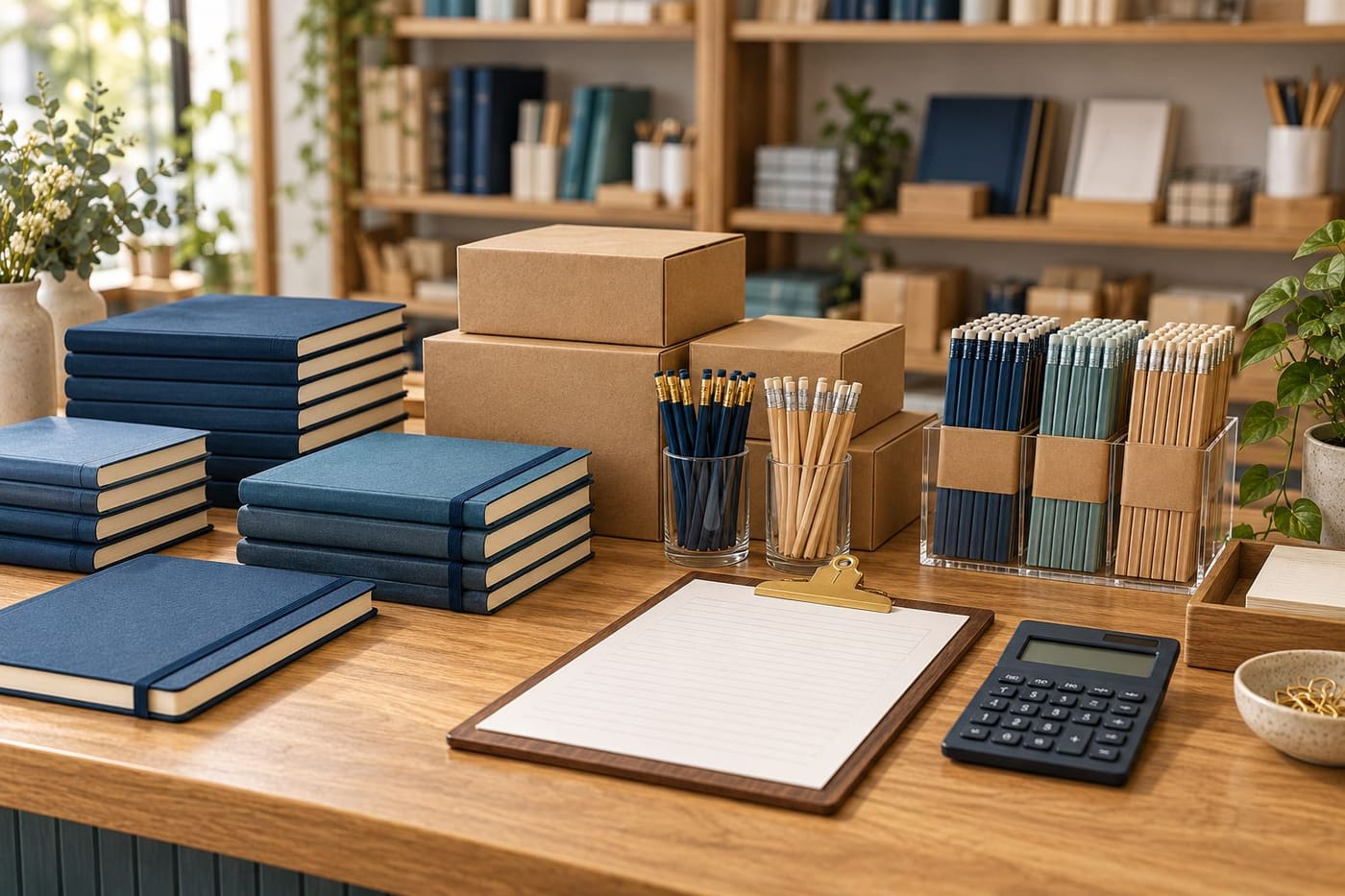 Original conceptual illustration of notebooks, stationery, plain cartons and a count clipboard on a shop counter.