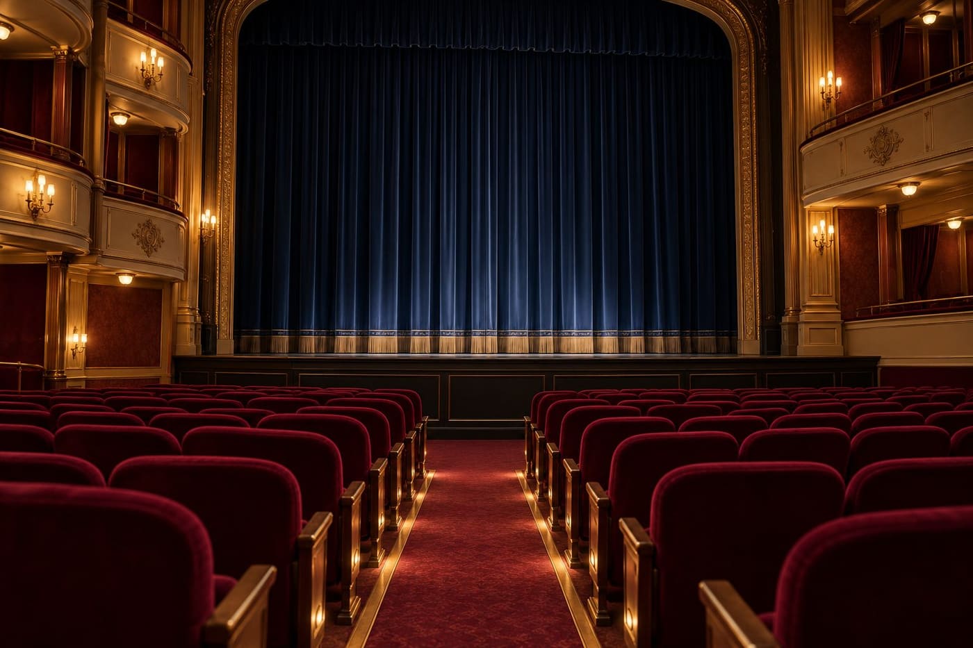 Original conceptual illustration of an empty theatre with burgundy seats and a navy stage curtain; not a named venue or production.