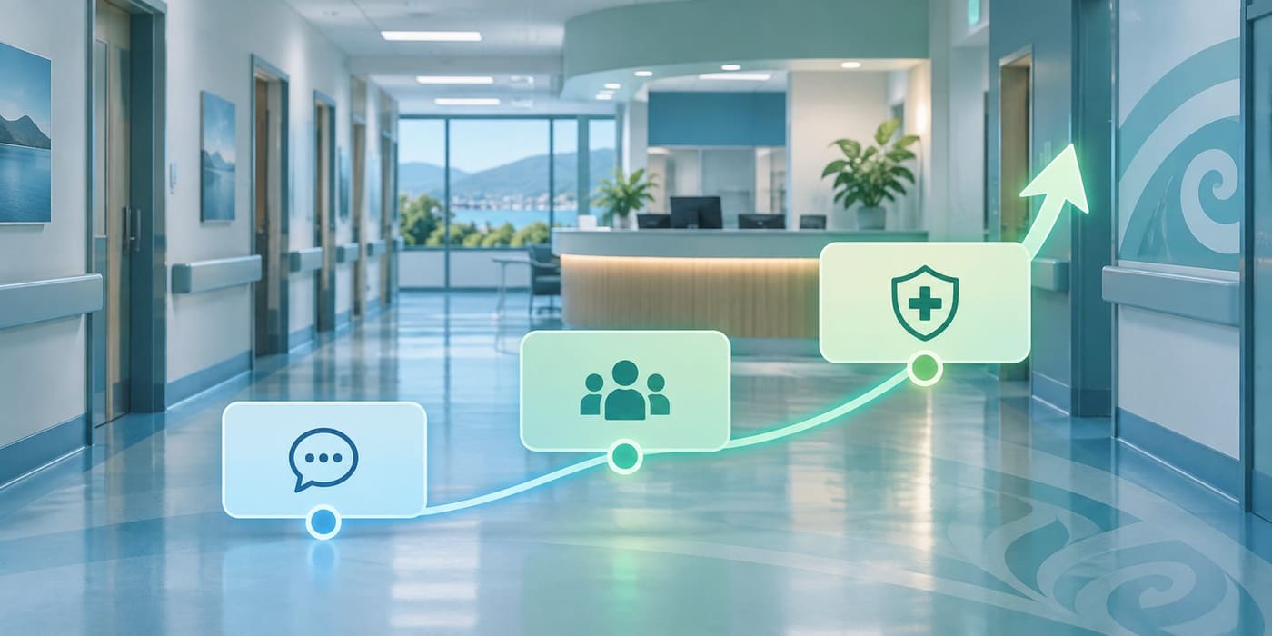 Conceptual illustration of a generic hospital corridor with communication, people and safety icons connected by an upward arrow; not Dunedin Hospital or a real patient scene.