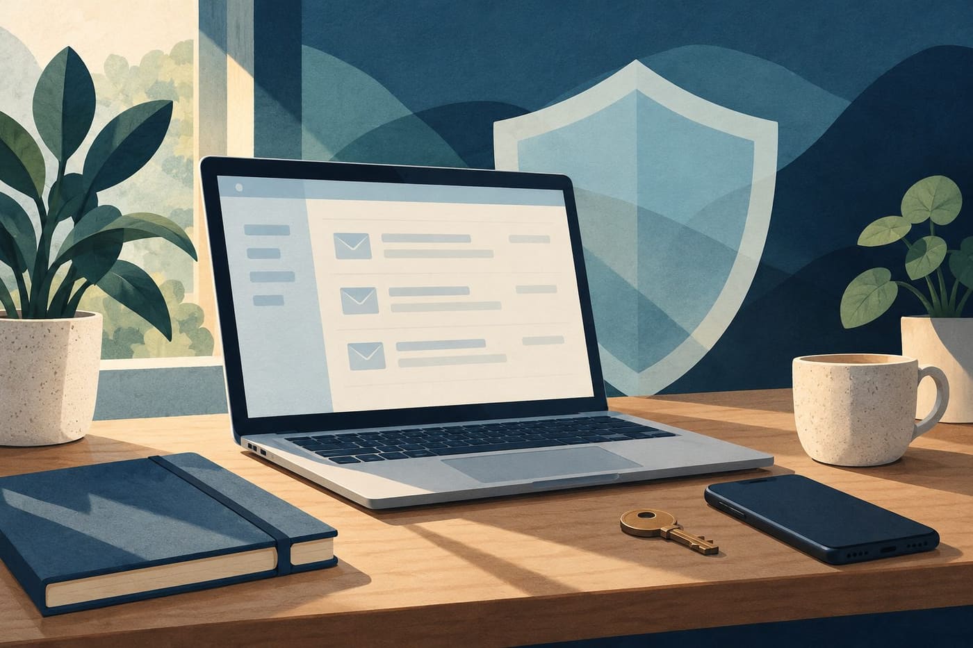 Original conceptual illustration of a fictional laptop inbox, phone, notebook and shield motif; no real message, password or malicious link.