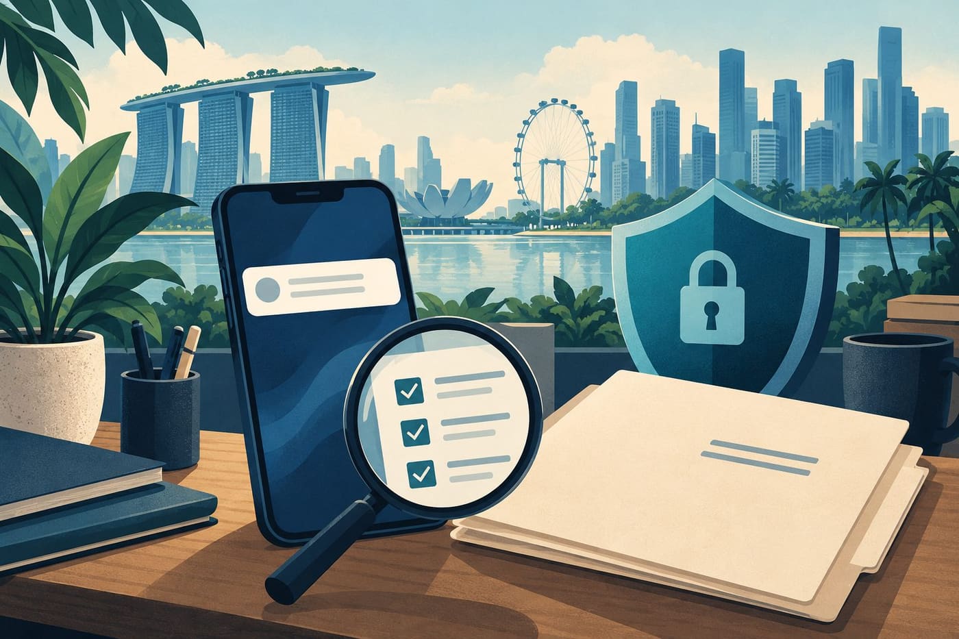 Original conceptual illustration of a generic phone notice, magnifying glass and security checklist against a stylised Singapore skyline; no real brand, notice, interface or personal data is shown.