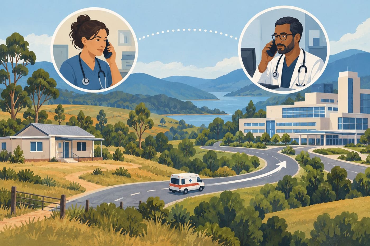 Original AI-generated conceptual illustration of clinicians coordinating a transfer between a rural clinic and a regional hospital; it does not depict a specific patient, hospital or event.