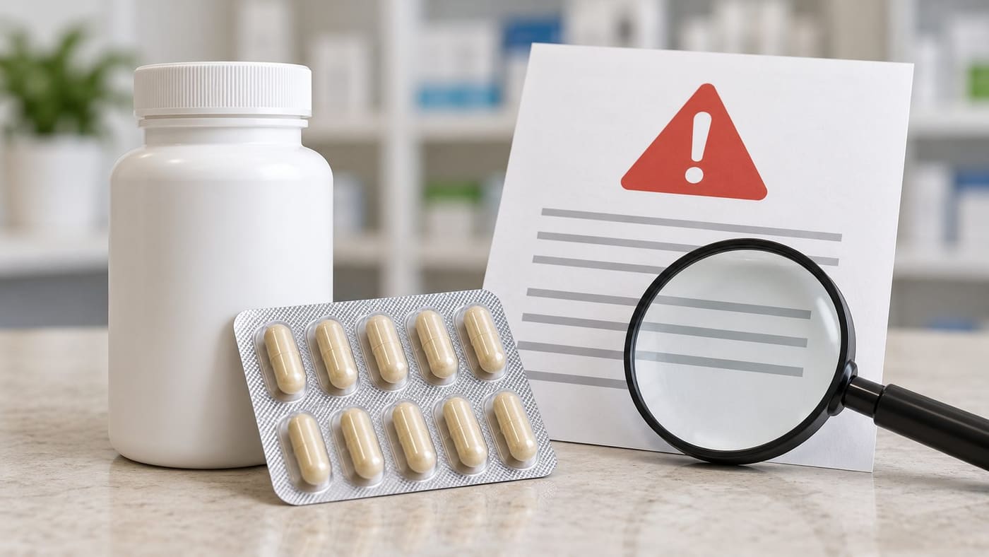 Conceptual illustration of an unbranded bottle, capsule blister and warning sheet with a magnifying glass; not a photograph of the recalled product.