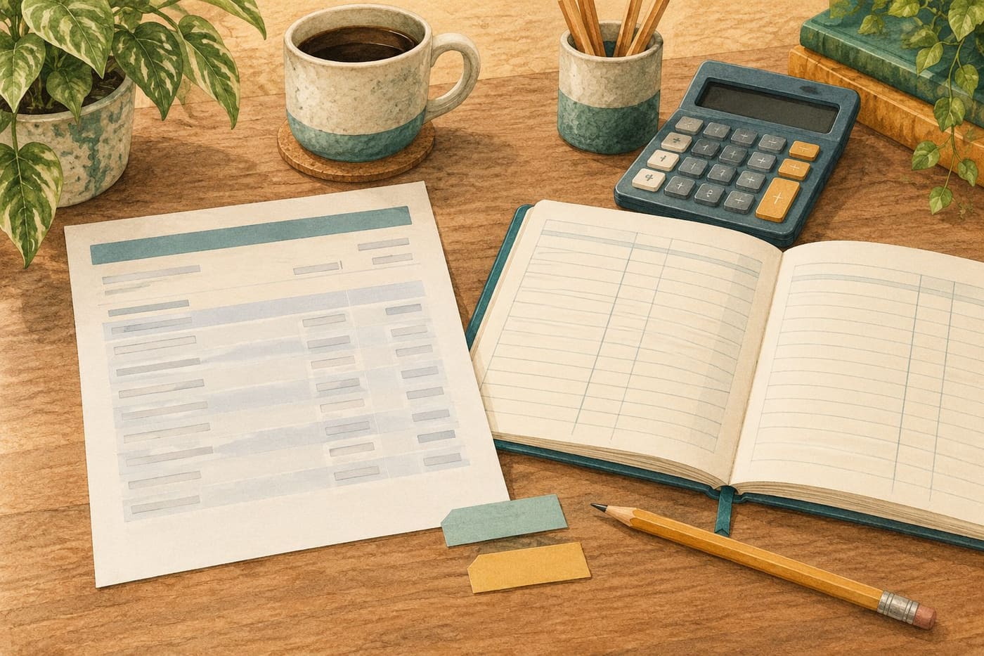 Original conceptual illustration of a generic statement with blank rows, ledger notebook, calculator and separate paper tabs; no real account data, certified audit or financial forecast.