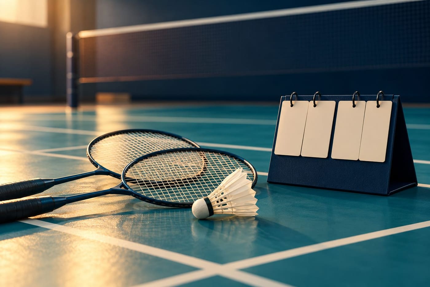 Original conceptual illustration of badminton rackets, a shuttlecock and a blank scoreboard on an indoor court; not a real match.