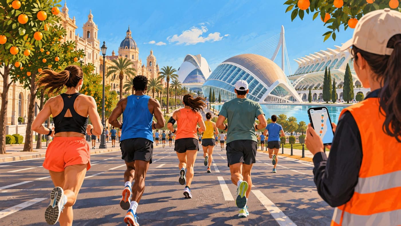 Original conceptual illustration of anonymous runners on a sunny Valencia avenue while a spectator checks a phone; not a depiction of actual race participants or a live result.