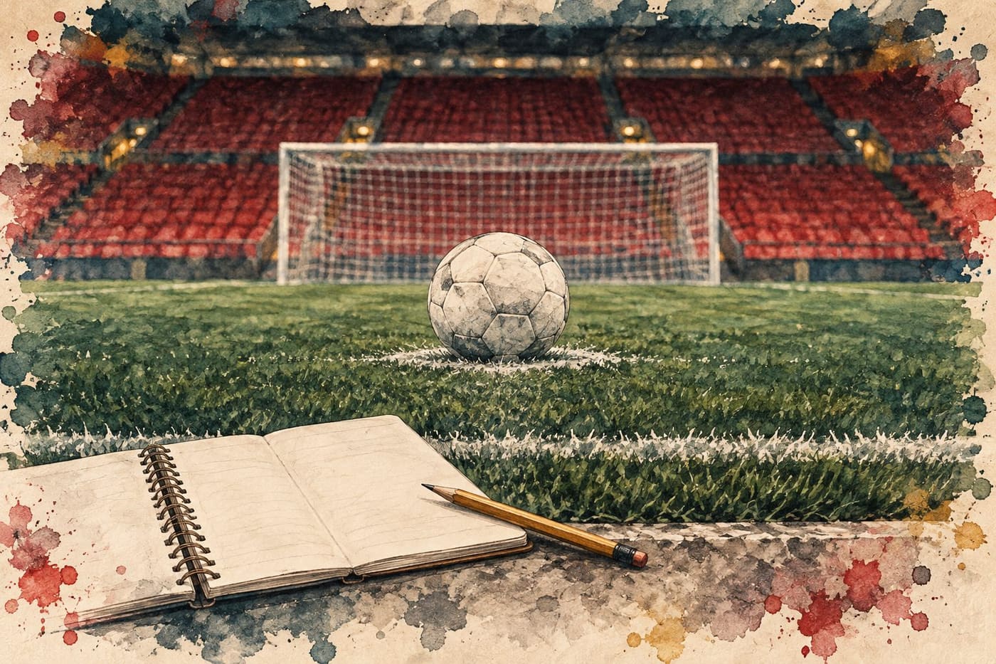 Original conceptual illustration of an unbranded football, generic goal, red stadium seats and blank score notebook; not match photography or a specific real penalty.
