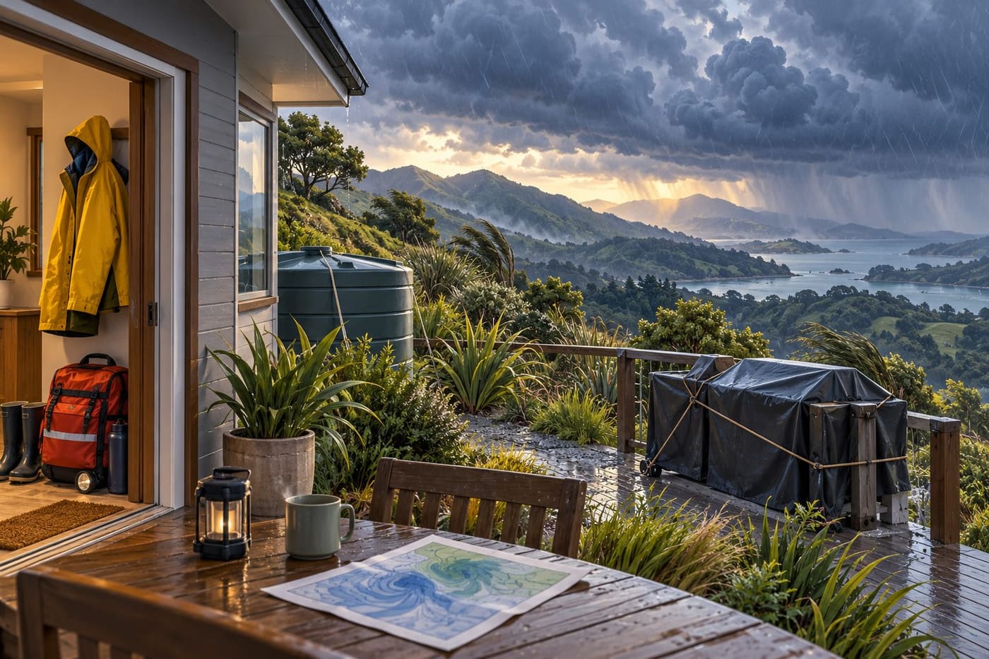 Original conceptual illustration of a prepared home with secured outdoor items beneath a stormy sky; not a forecast map or image of an actual storm.