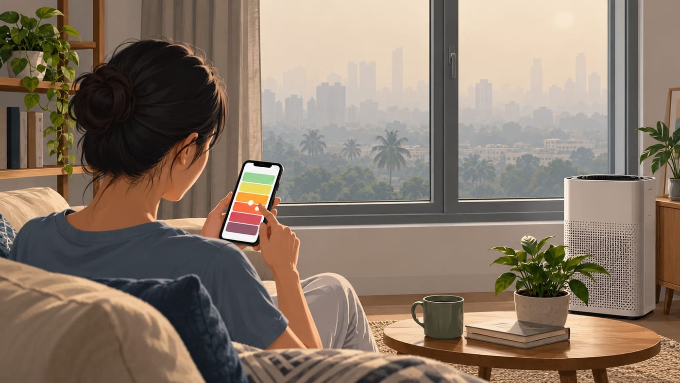 Original AI-generated conceptual illustration of a resident checking air-quality information at home beside an air purifier and a hazy window; it is not a current measurement or documentary photograph.