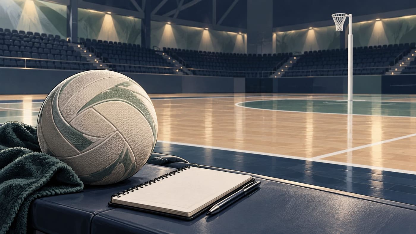 Original conceptual illustration of an unbranded netball and blank notebook beside an imagined indoor netball court.