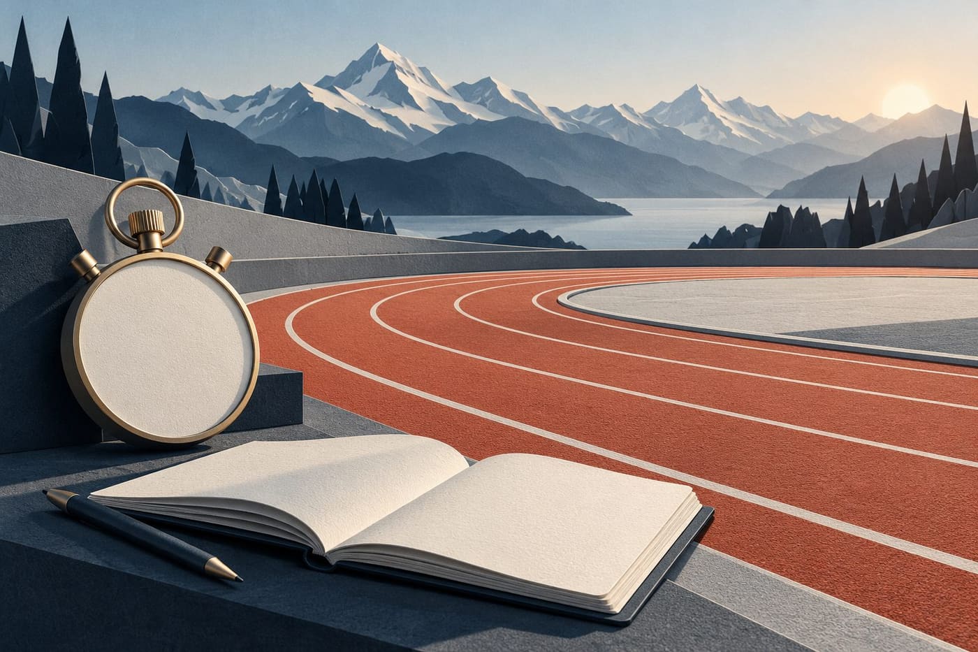Original conceptual athletics illustration with an empty track, blank stopwatch and notebook against abstract Alpine scenery; not an actual competition venue.
