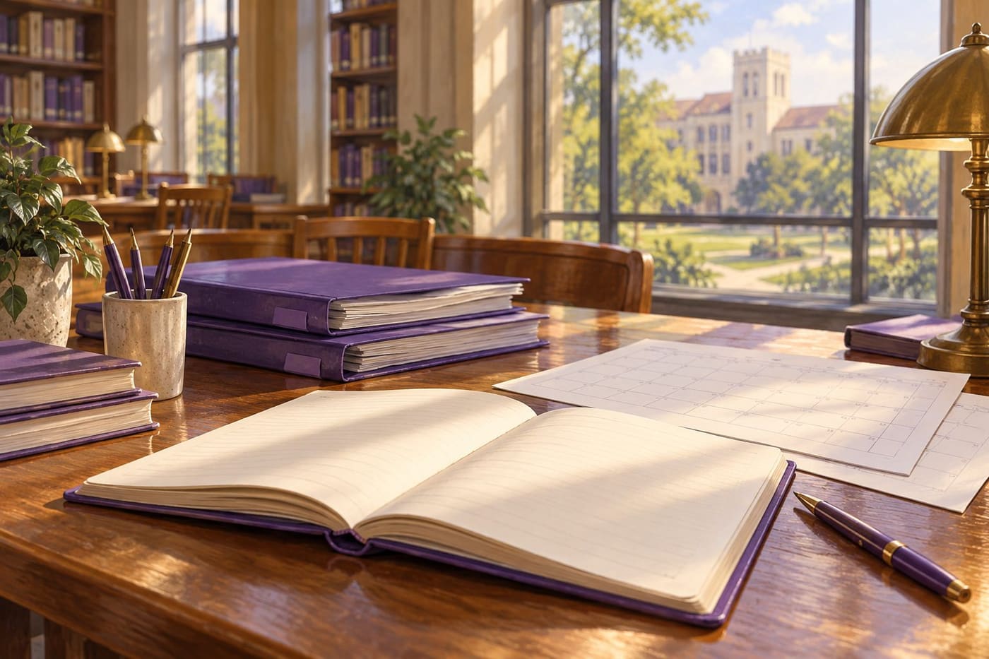 Original conceptual illustration of university documents and violet folders on a library desk; not TCU, a real leadership meeting or an official document.