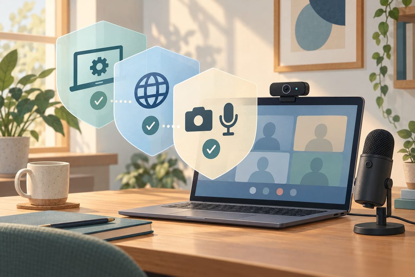 Original conceptual illustration of a laptop, webcam and microphone beside three abstract access layers; not an actual software interface or diagnostic result.