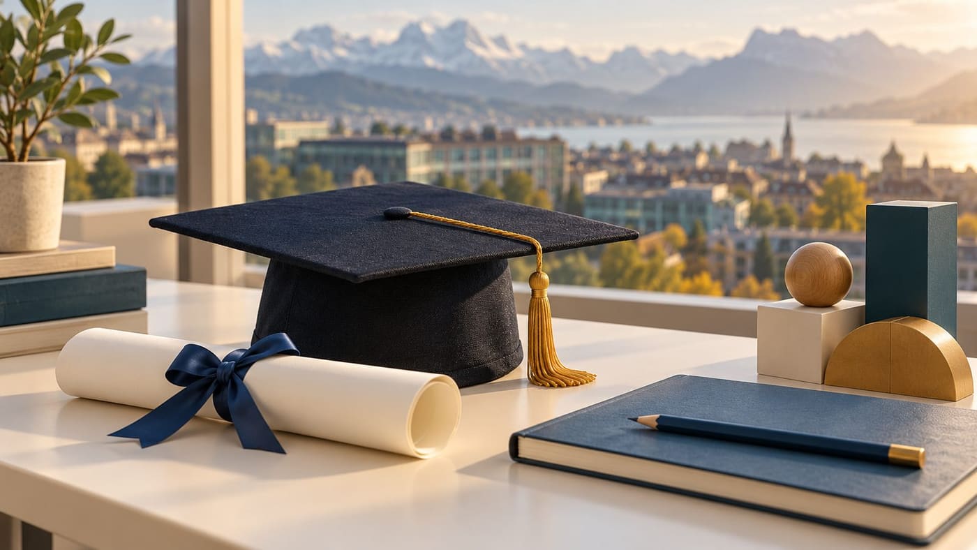 Original conceptual illustration of a graduation cap, blank diploma and notebook overlooking an imagined Swiss campus; not an official chart or employment forecast.