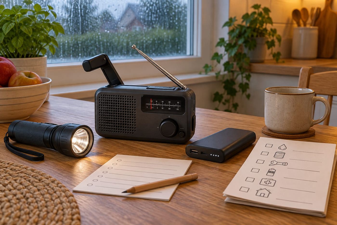 Original conceptual illustration of an unbranded hand-crank radio beside a torch and blank station checklist on a home table; no specific product or emergency scene is depicted.