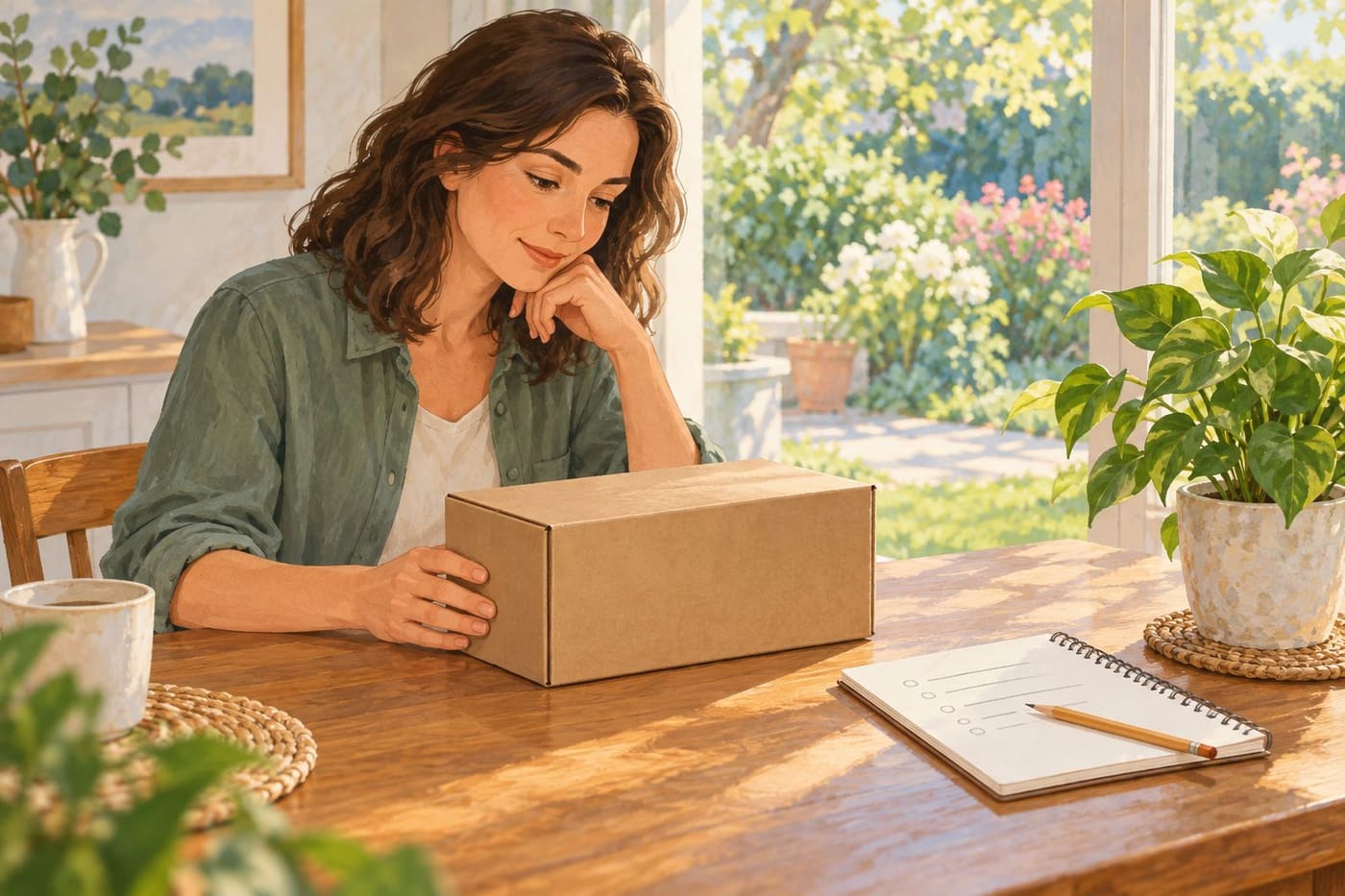Original conceptual illustration of a notebook, closed unbranded garden-device box and potted plant on a table, not a recalled product photograph.