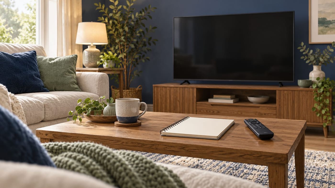 Original conceptual illustration of an imagined living room with an unbranded television, remote and blank notebook; not a real household photograph.