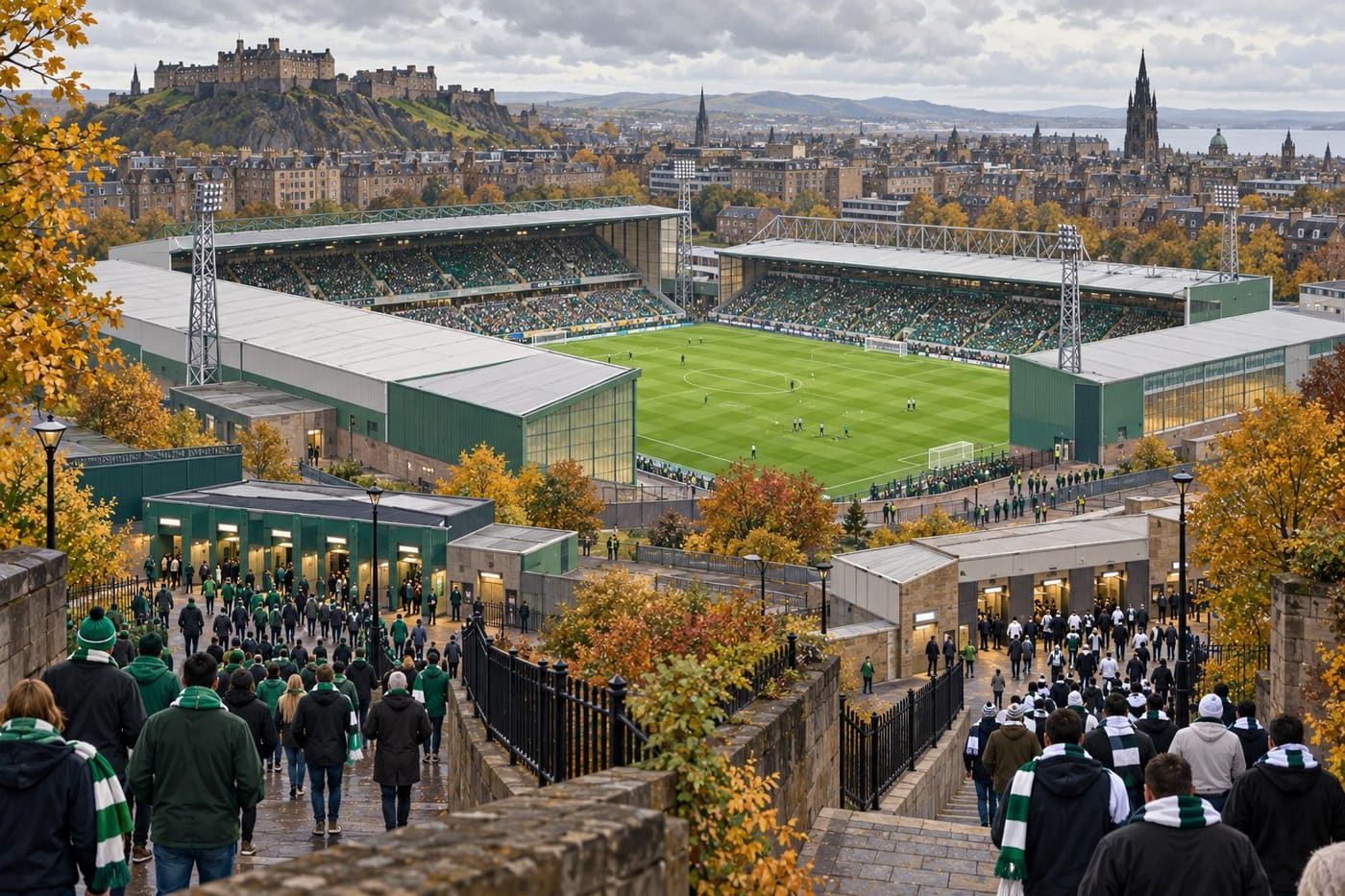Conceptual autumn football ground with anonymous supporters approaching an unbranded stadium; it does not depict Easter Road, Hibernian, Celtic or an actual match.