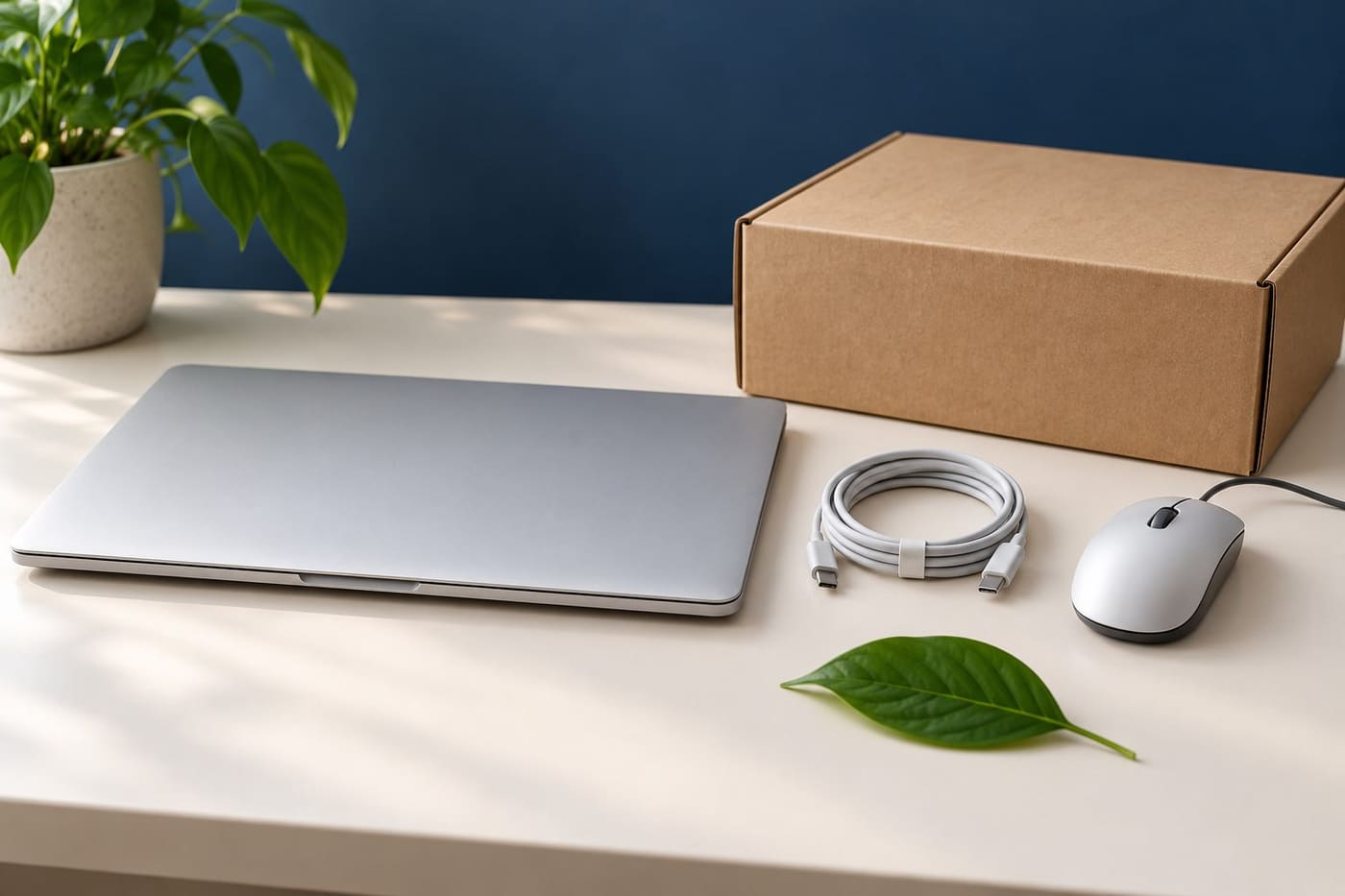 Original conceptual still life of intact generic laptop, cable, mouse and plain box; not a collection facility or packing instruction.