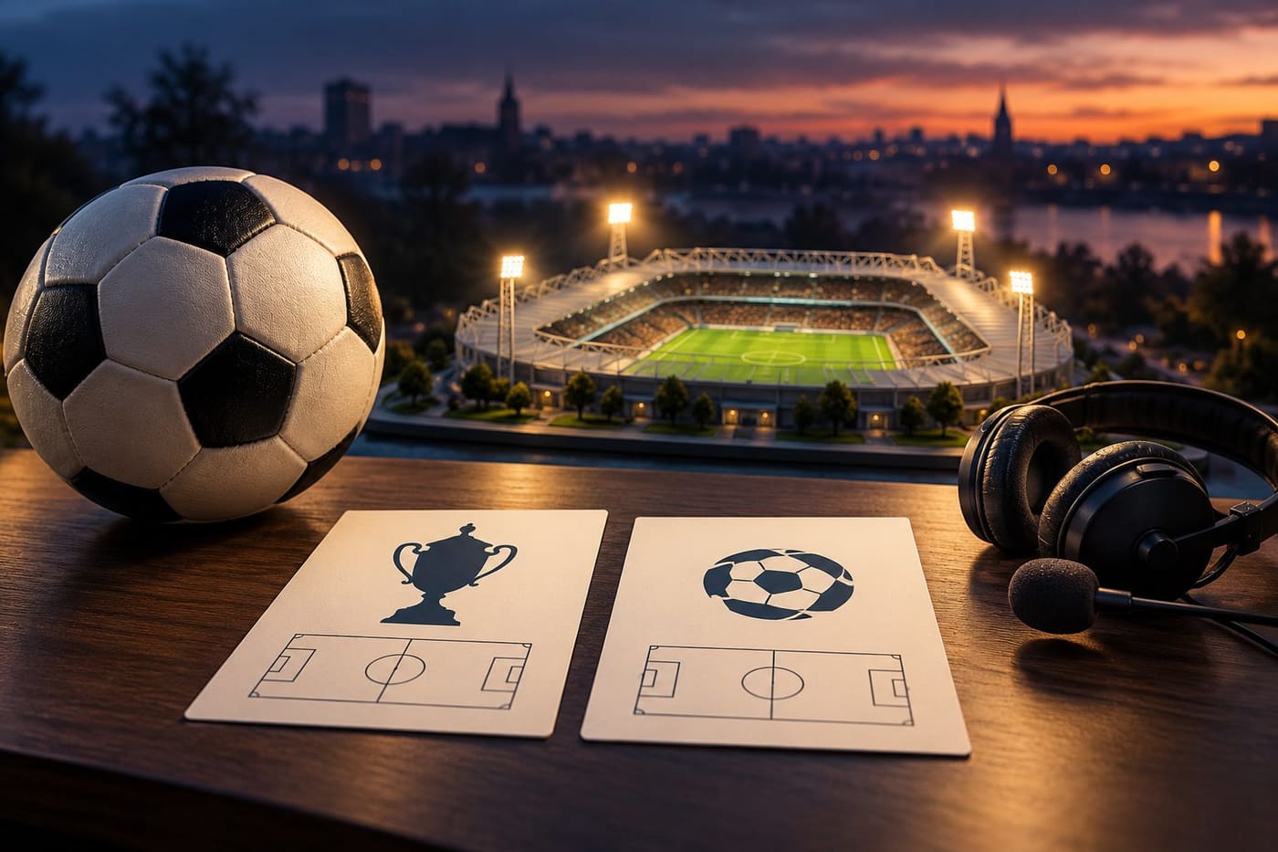 Original conceptual illustration of a football, cup and league fixture cards, headphones and a miniature stadium; not the actual match.