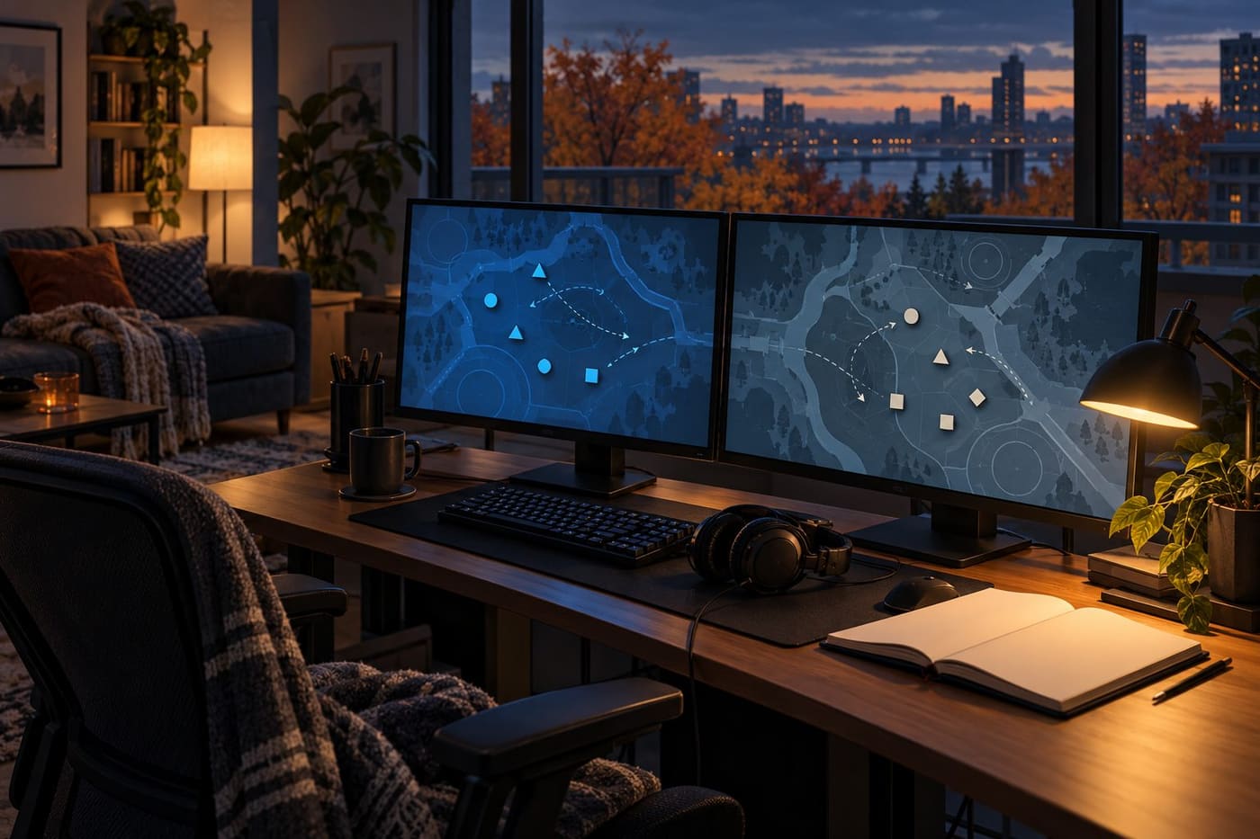Original conceptual illustration of a home esports viewing desk with abstract strategy diagrams, headphones and a notebook; not an official game screenshot.