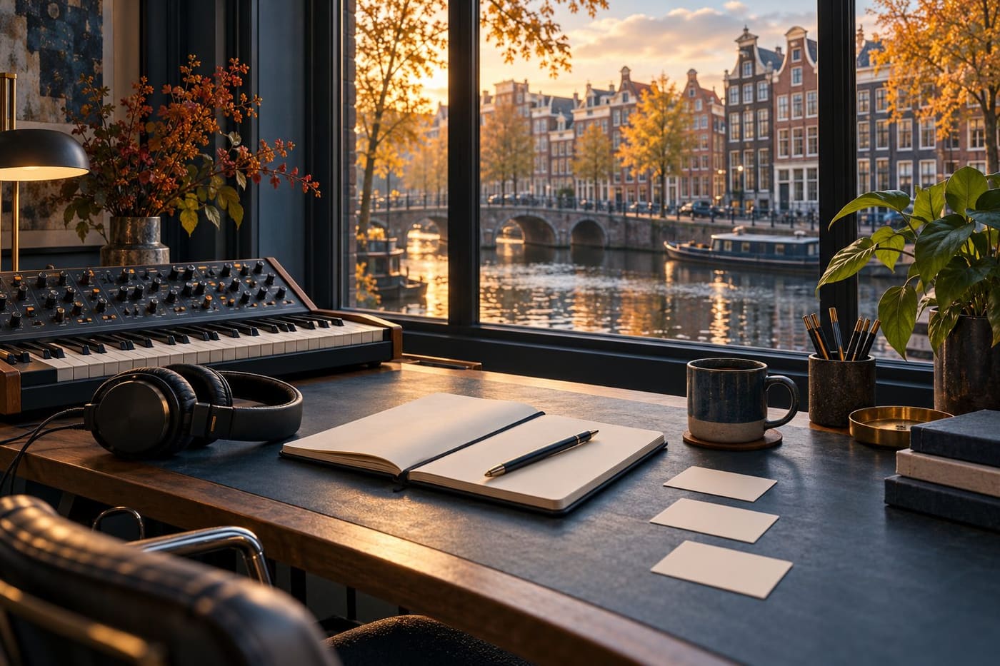 Original conceptual illustration of an Amsterdam canal-side music workspace with synthesizer, headphones, notebook and blank meeting cards; not an ADE venue photograph.