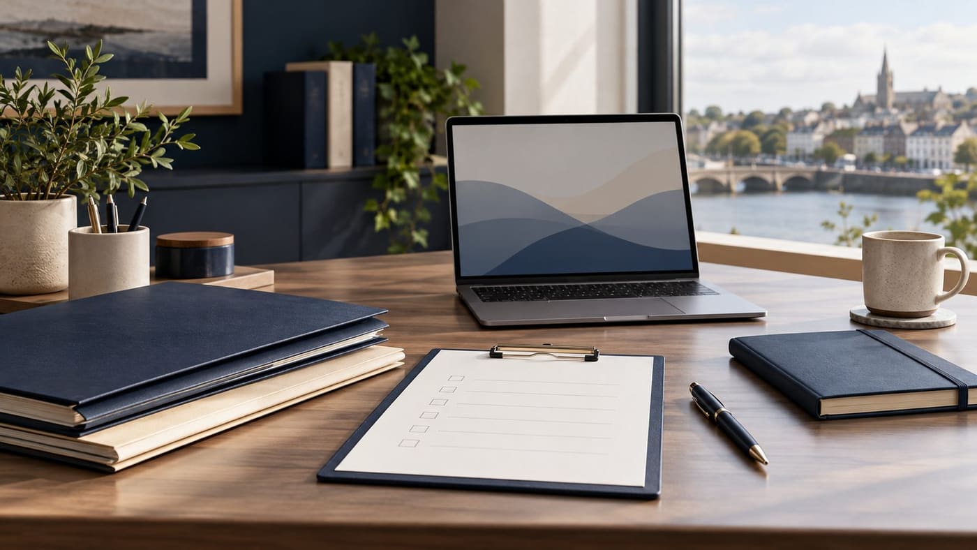 Original conceptual illustration of a professional desk with blank folders, checklist and laptop; no real investigation documents.