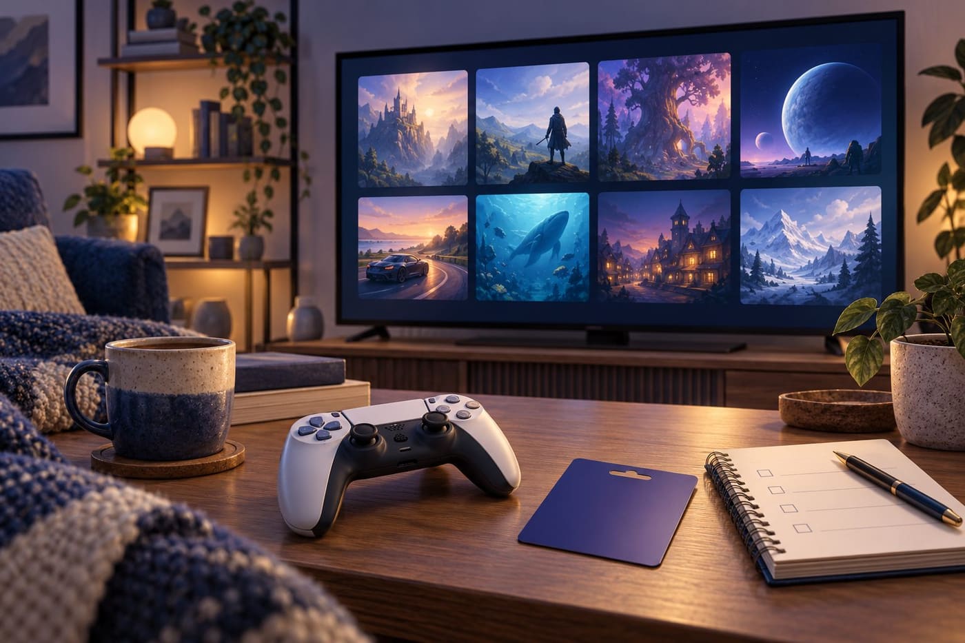 Original conceptual illustration of a generic gaming setup with controller, abstract game library, blank gift card and checklist; not an official Store interface.